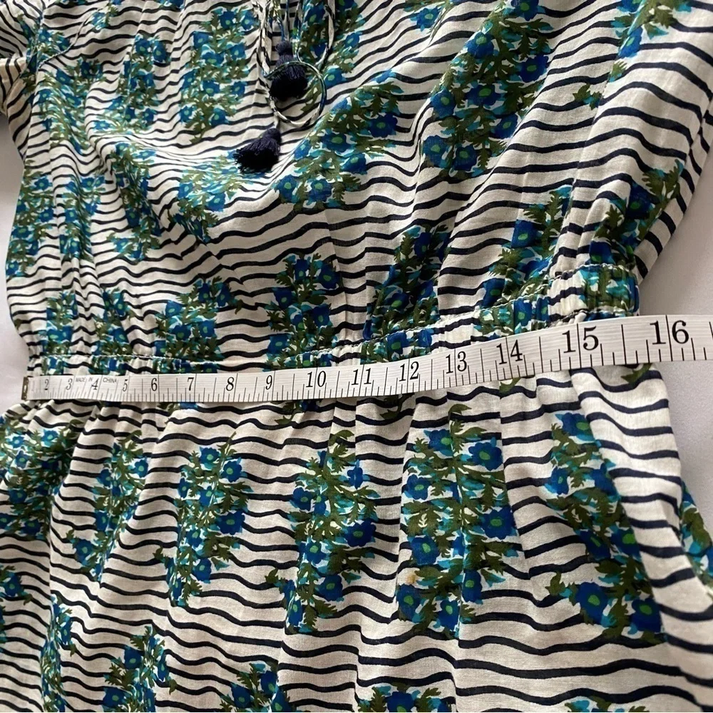 Tory Burch Top white Green Flora Cotton Scoop Neck Keyhole Tunic Elastic waist 6
